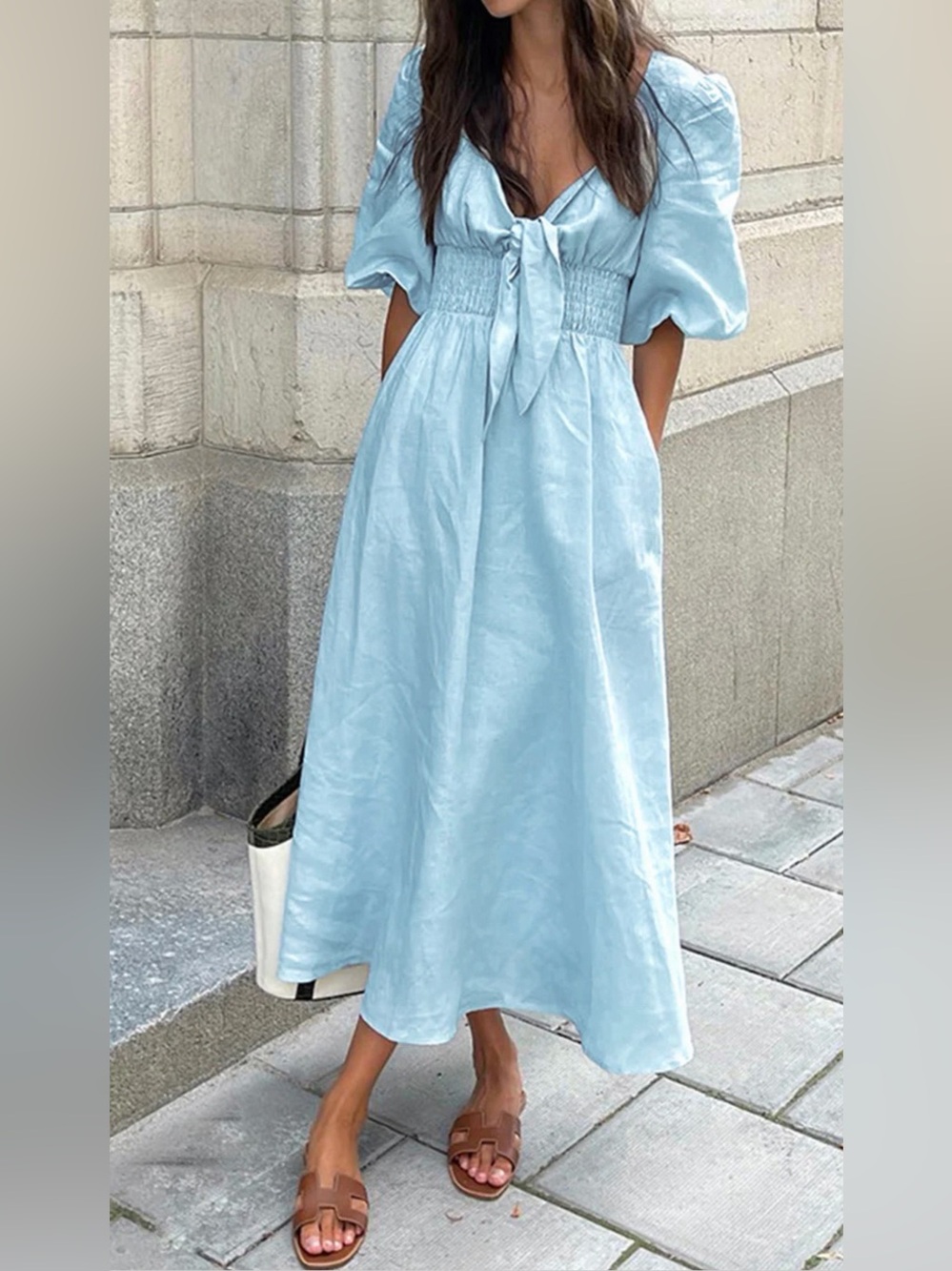 COMMENSE Sky Blue Linen Blend Tie Front Cottagecore Midi Dress XS Puff Sleeve